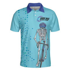 Riders Never Stop Skull Short Sleeve Polo Shirt, Blue Skeleton Cyclist Polo Shirt, Best Cycling Shirt For Men - Hyperfavor