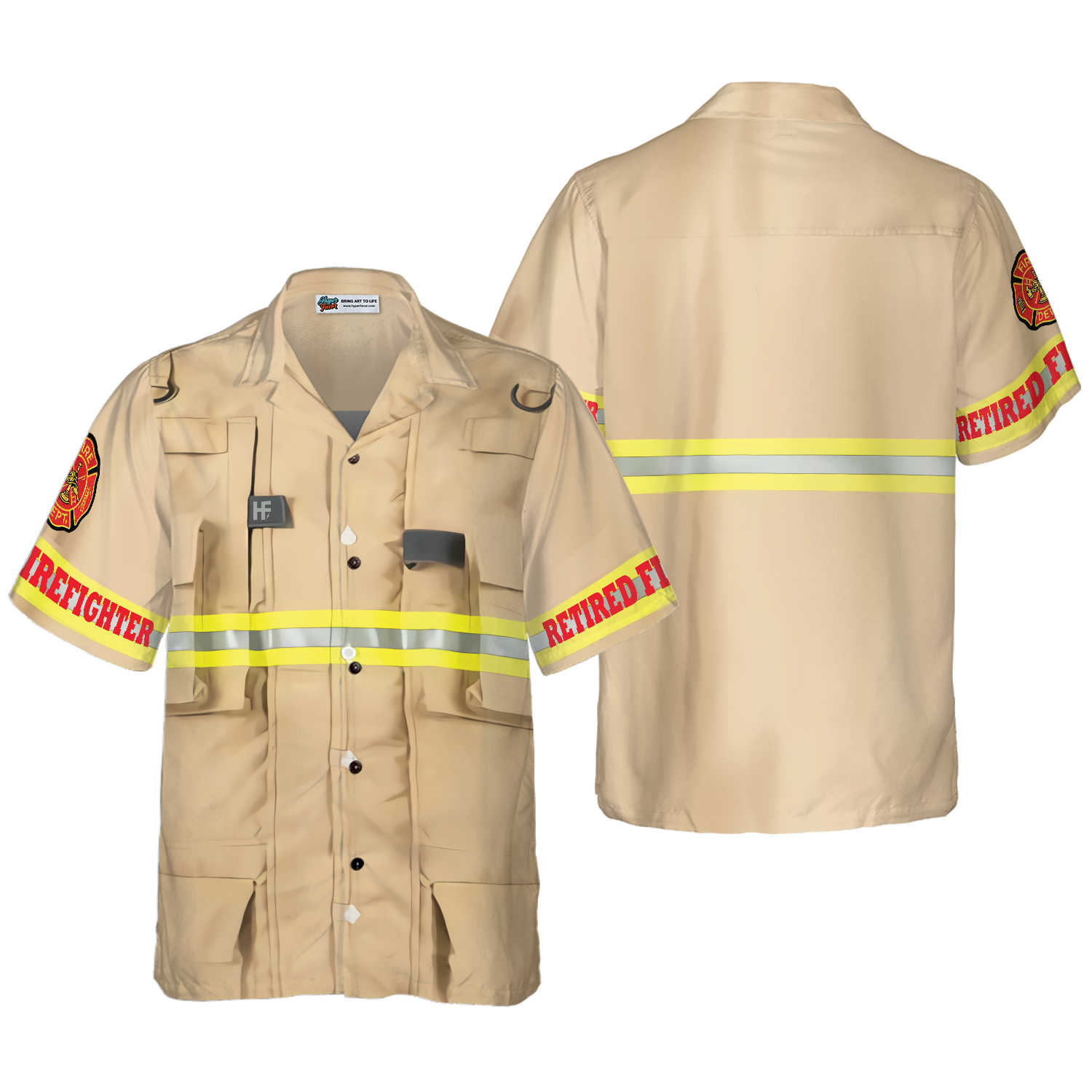 Proud Retired Firefighter Hawaiian Shirt, Cream Life Vest Work Uniform Fire Dept Logo Firefighter Shirt For Men - Hyperfavor