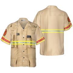 Proud Retired Firefighter Hawaiian Shirt, Cream Life Vest Work Uniform Fire Dept Logo Firefighter Shirt For Men - Hyperfavor