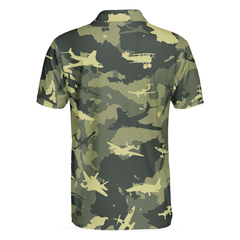 Aircraft Green Camouflage Short Sleeve Polo Shirt, Army Polo Shirt, Best Camo Shirt For Men - Hyperfavor