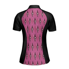 Pink Argyle Thinning Layout For Lady Golfer Golf Short Sleeve Women Polo Shirt, Black And Pink Golf Shirt For Ladies - Hyperfavor