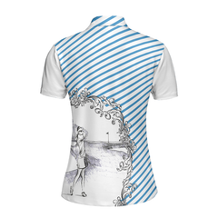 Blue Striped And Sketching Golf Girl Golf Short Sleeve Women Polo Shirt, Best Gift For Female Golfers - Hyperfavor