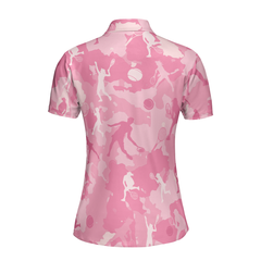 Pink Camouflage Tennis Girl Short Sleeve Women Polo Shirt, Camo Tennis Shirt For Ladies - Hyperfavor