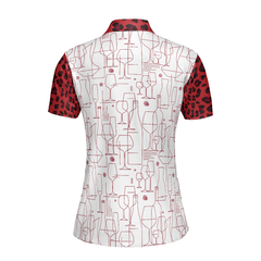 Red Wine And Leopard Pattern Drink Short Sleeve Women Polo Shirt, Wine Drinking Icon Polo Shirt For Ladies - Hyperfavor