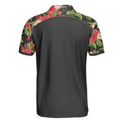 Tropical Roses Pattern Polo Shirt, Black Polo Shirt With Roses, Print Roses Pattern Shirt For Adults - Hyperfavor