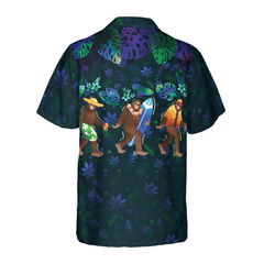 Tropical Funny Beach Bigfoot Hawaiian Shirts for Men, Blue Sasquatch Shirts - Hyperfavor