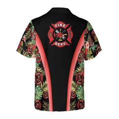 Firefighter Tropical Custom Hawaiian Shirt, Personalized Floral And Leaves Fire Dept Logo Firefighter Hawaiian Shirt - Hyperfavor