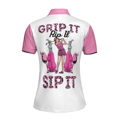 Grip It Rip It Sip It Short Sleeve Women Polo Shirt, Pink Leopard Pattern Golf Shirt For Ladies - Hyperfavor