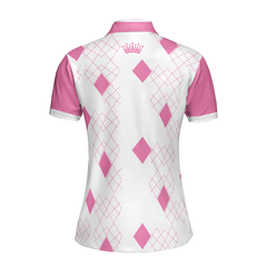 Queen Of The Golf Short Sleeve Women Polo Shirt, White And Pink Argyle Pattern Golf Shirt For Women - Hyperfavor