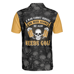 A Man Cannot Survive On Beer Alone He Also Needs Golf Polo Shirt, Skull Beer Drinking Golf Shirt, Argyle Pattern Shirt - Hyperfavor