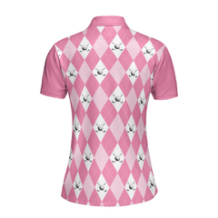 Golf Polo Short Sleeve Women Polo Shirt, Pink Argyle Seamless Pattern Golf Shirt For Ladies - Hyperfavor