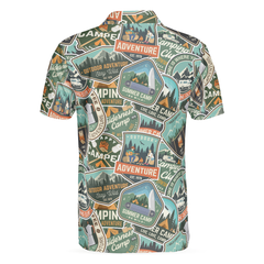 Summer Camp Adventure Sticker Pattern Polo Shirt, Camping Sticker And Badge Polo Shirt, Camping Shirt For Men - Hyperfavor