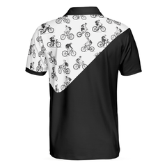 Cyclists Sketch Pattern Polo Shirt, Black And White Cycling Pattern Polo Shirt, Sporty Shirt For Cyclists - Hyperfavor