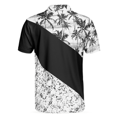 Monochrome Tropical Pattern Polo Shirt, Black And White Tropical Themed Polo Shirt Design, Summer Vibe Shirt - Hyperfavor