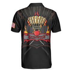 Badminton Flame Short Sleeve Polo Shirt, Black Theme American Flag Badminton Polo Shirt, Best Badminton Shirt For Men - Hyperfavor