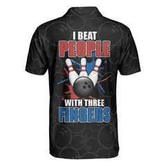 I Beat People With Three Fingers Bowling V2 Polo Shirt, Black Bowling Sayings Shirt, American Flag Bowling Shirt - Hyperfavor