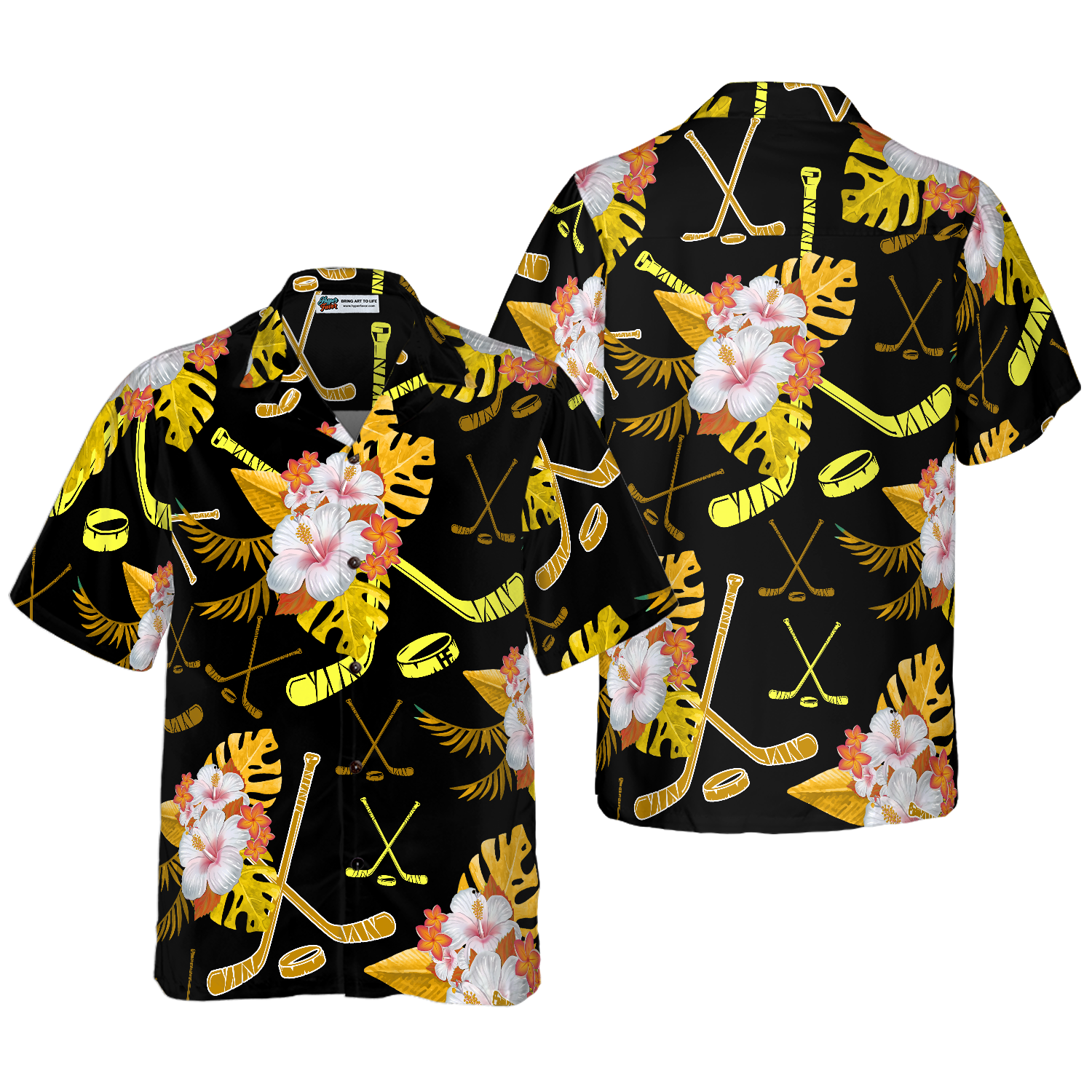 Hockey Tropical Black & Yellow Hawaiian Shirt - Hyperfavor