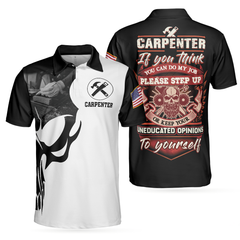 Carpenter Proud Skull Short Sleeve Black And White Polo Shirt, American Flag Polo Shirt, Best Carpenter Shirt For Men - Hyperfavor