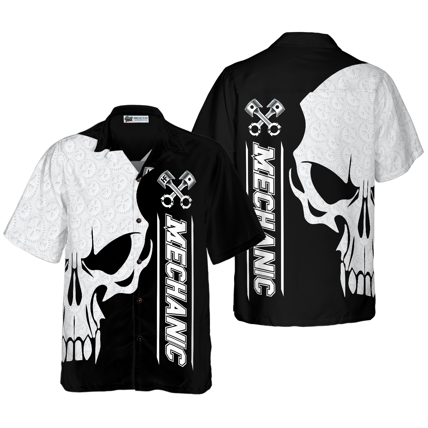 Mechanic Proud Skull Black White Hawaiian Shirt - Hyperfavor