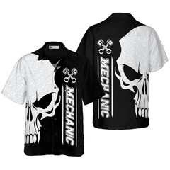 Mechanic Proud Skull Black White Hawaiian Shirt - Hyperfavor