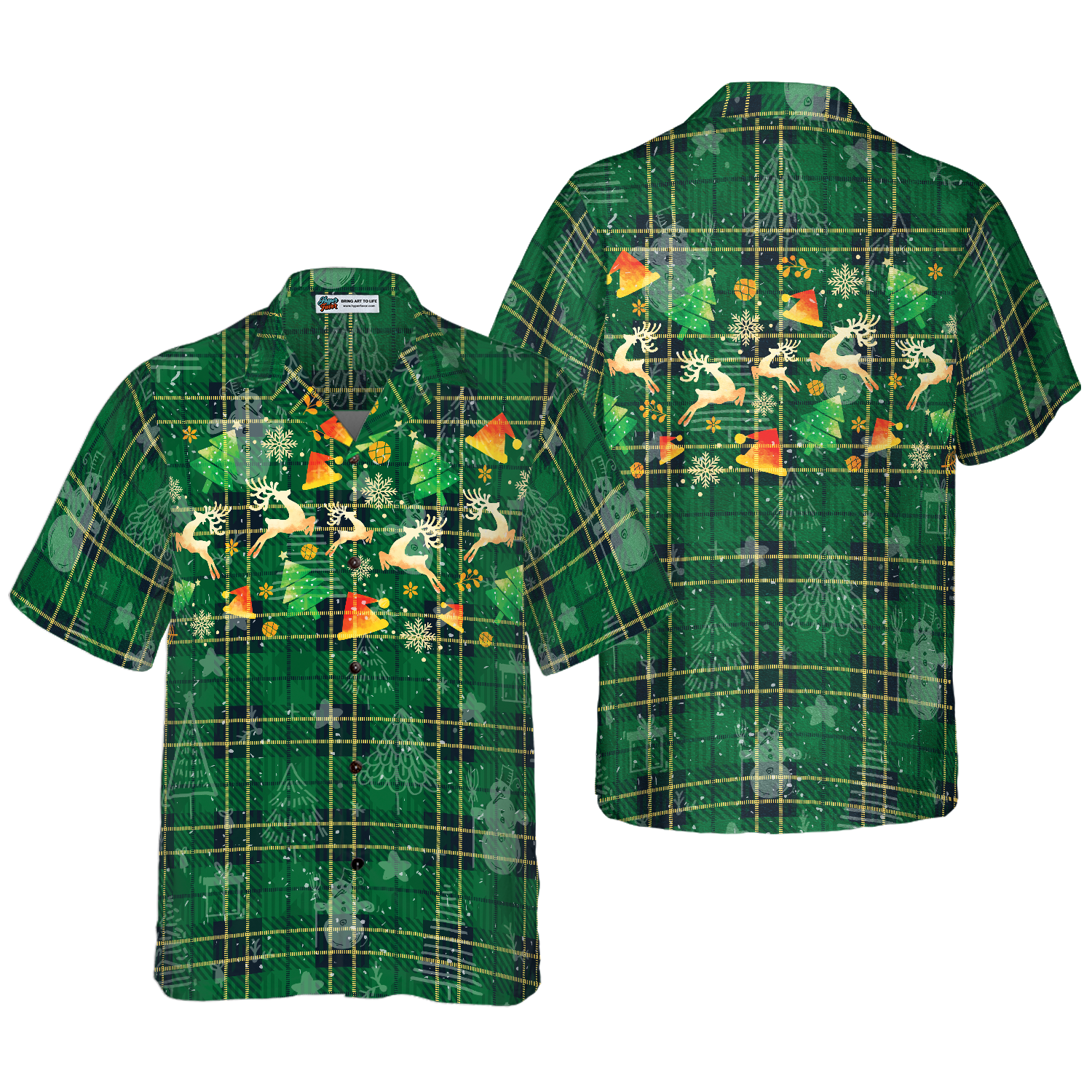 Hyperfavor Christmas Hawaiian Shirts For Men and Women, Christmas Reindeer Green Plaid Pattern Hawaiian Shirt Button Down Shirt Short Sleeve - Hyperfavor