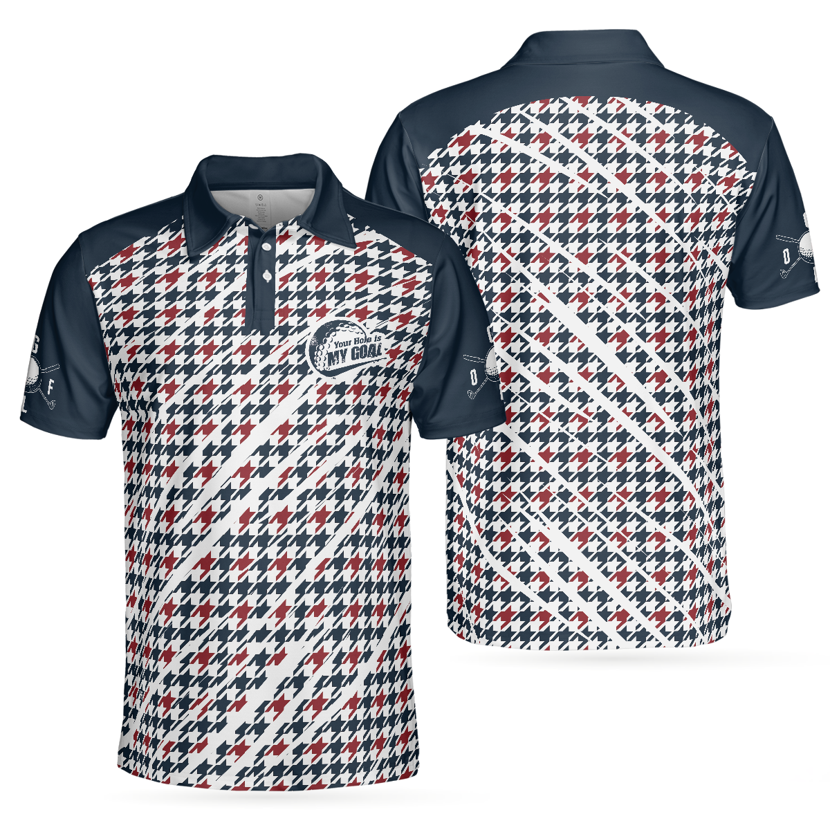 Trendy Red & Blue Houndstooth Pattern Golf Shirt, Your Hole Is My Goal Polo Shirt, Best Golf Shirt For Men - Hyperfavor