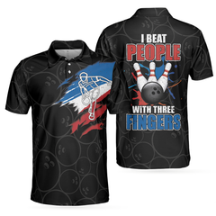 I Beat People With Three Fingers Bowling Polo Shirt, Black Polo Style Bowling Shirt For Men, Bowling Gift Idea - Hyperfavor