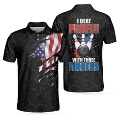 I Beat People With Three Fingers Bowling V2 Polo Shirt, Black Bowling Sayings Shirt, American Flag Bowling Shirt - Hyperfavor