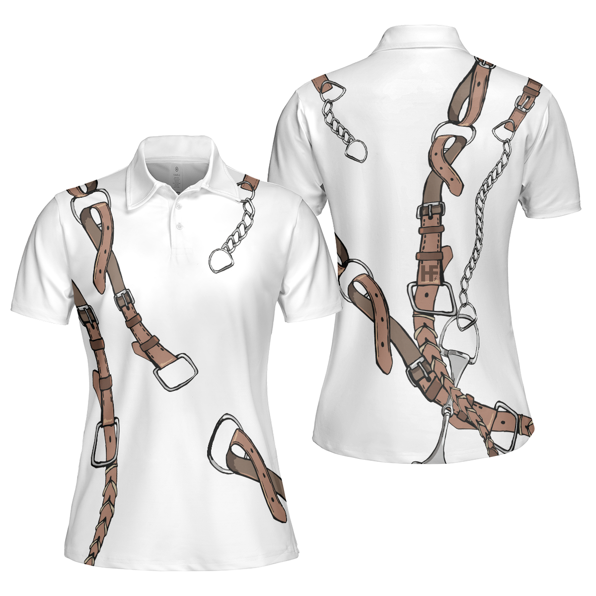 Bridle Print Polo Shirt In White Short Sleeve Women Polo Shirt - Hyperfavor