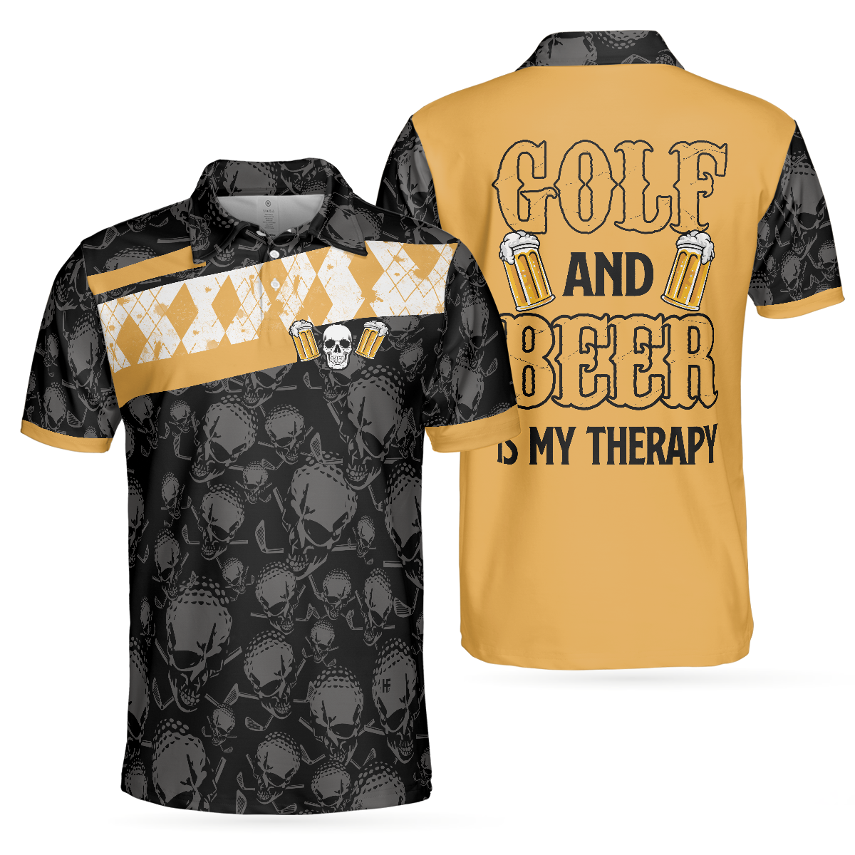 Golf & Beer Is My Therapy Polo Shirt, Skull Beer Drinking Golf Shirt Design, Best Golf Shirt For Male Golfers - Hyperfavor