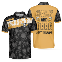 Golf & Beer Is My Therapy Polo Shirt, Skull Beer Drinking Golf Shirt Design, Best Golf Shirt For Male Golfers - Hyperfavor