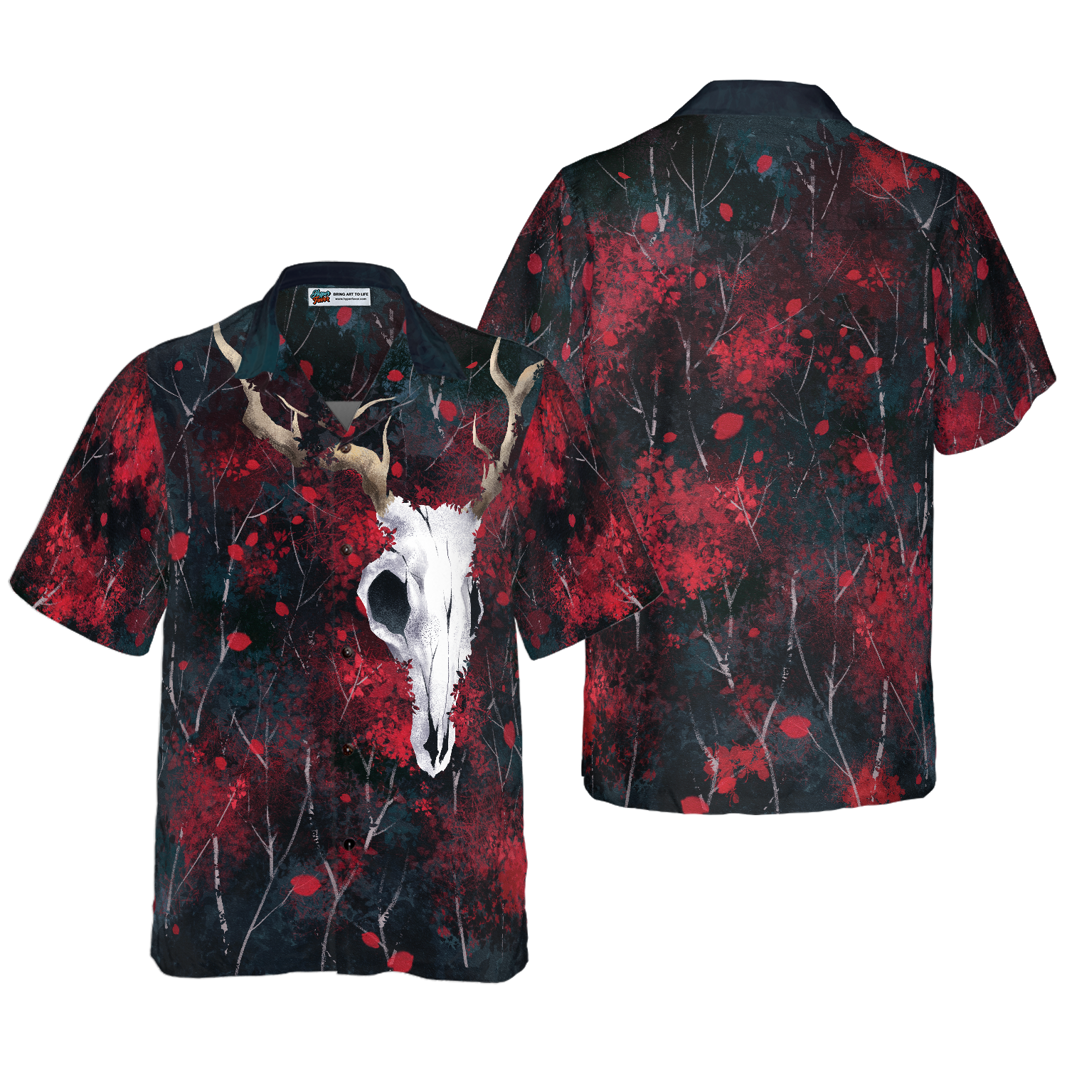 Artistic Gothic Skull Hawaiian Shirt For Men, Black and Red Goth Hawaiian Shirt - Hyperfavor