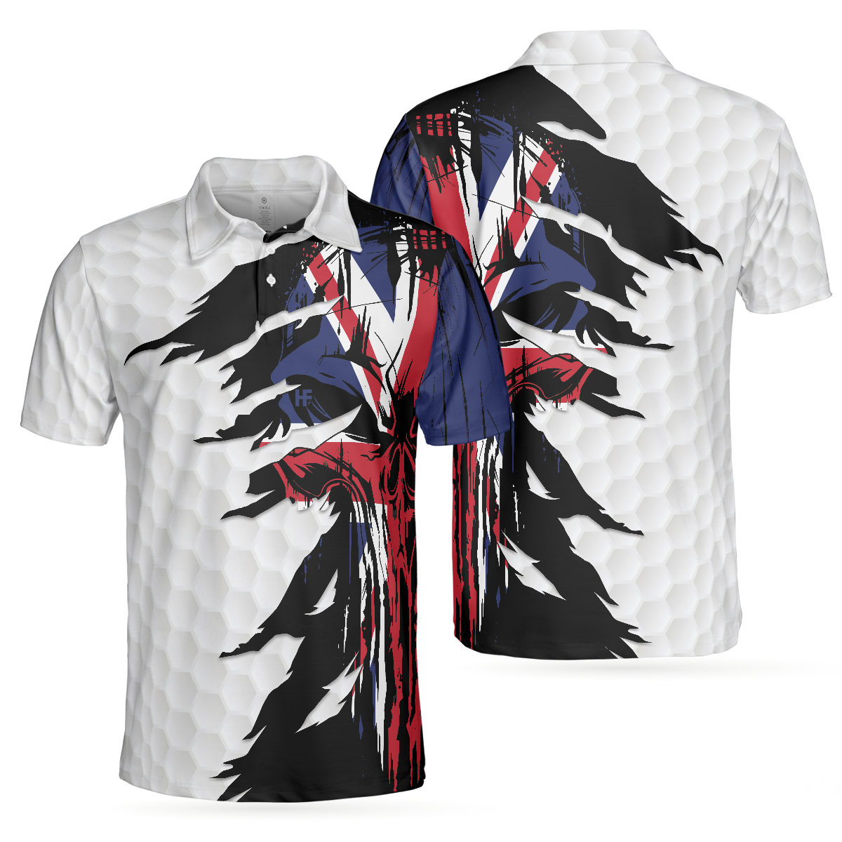 Skull United Kingdom Ripped Golf Short Sleeve Polo Shirt, Golf Pattern Polo Shirt, UK Golf Shirt For Men - Hyperfavor