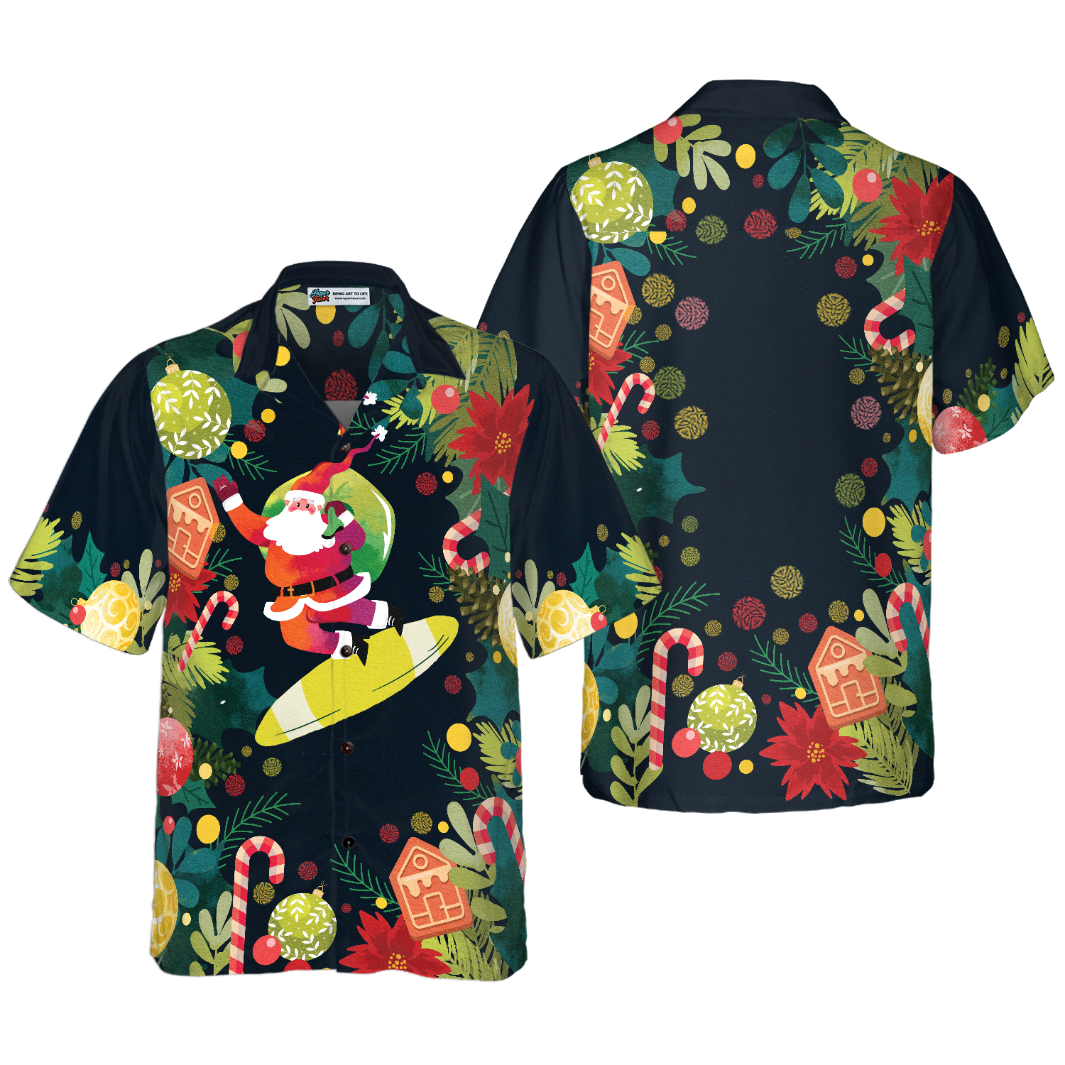 Hyperfavor Christmas Santa Surfing Hawaiian Shirt, Christmas Shirts Short Sleeve Button Down Shirt for Men and Women - Hyperfavor