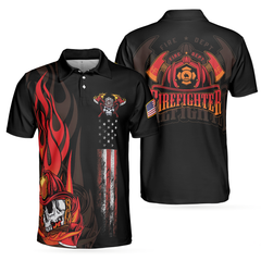 Firefighter Skull Flame Short Sleeve Polo Shirt, Black American Flag Firefighter Shirt For Men - Hyperfavor