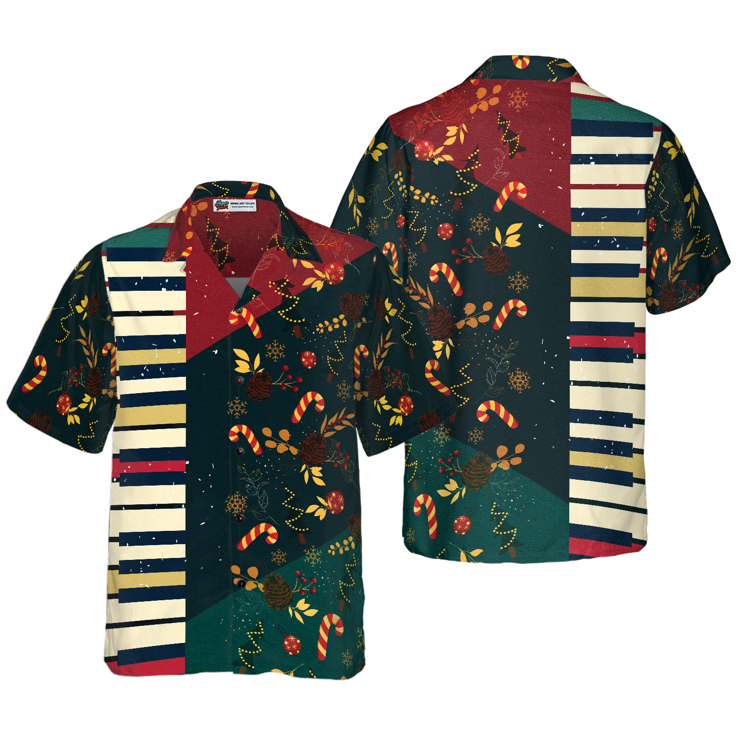 Hyperfavor Christmas Pattern with Piano Hawaiian shirt, Christmas Shirts Short Sleeve Button Down Shirt For Men And Women - Hyperfavor