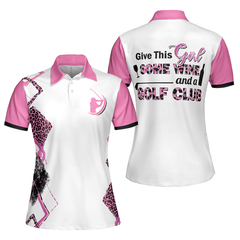 Give This Girl Some Wine & A Golf Club Short Sleeve Women Polo Shirt, Best Pink Leopard Pattern Golf Shirt For Ladies - Hyperfavor