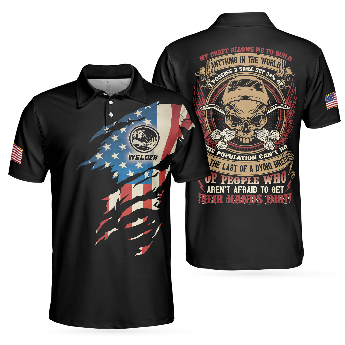 Welder My Craft Allows Me To Build Anything Polo Shirt, Skull American Flag Welder Shirt For Men - Hyperfavor
