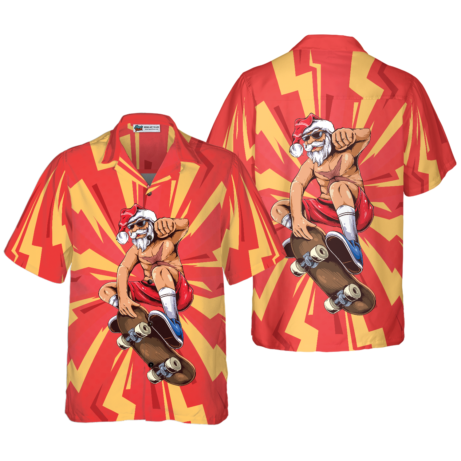 Hyperfavor Christmas Hawaiian Shirts For Men and Women, Santa Sakteboarder Hawaiian Shirt Button Down Shirt Short Sleeve - Hyperfavor
