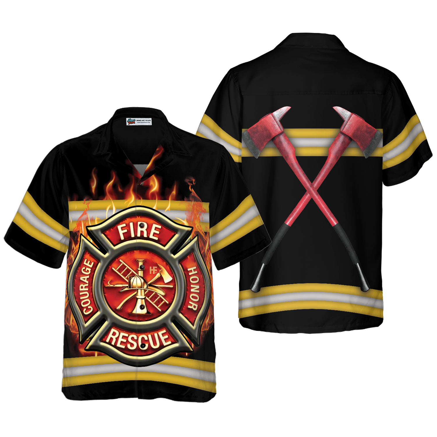 Courage And Honor Fire Dept Badge Firefighter Hawaiian Shirt, Uniform And Cross Axes Firefighter Shirt For Men - Hyperfavor