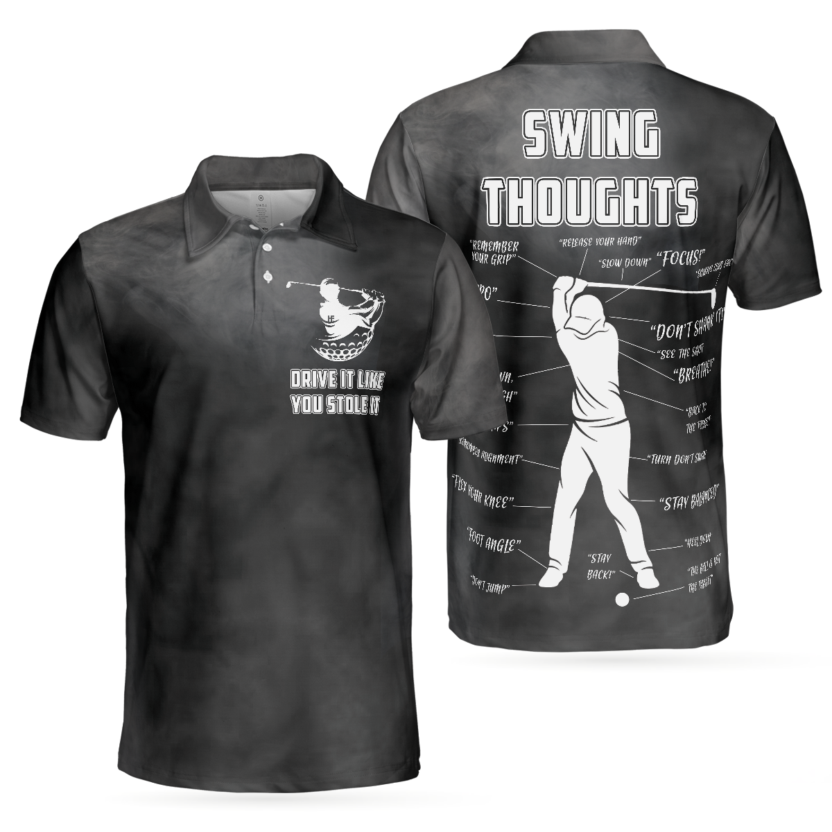 Swing Thoughts Short Sleeve Golf Polo Shirt, Black And Smoke Golfing Shirt, Funny Golf Shirt For Men - Hyperfavor