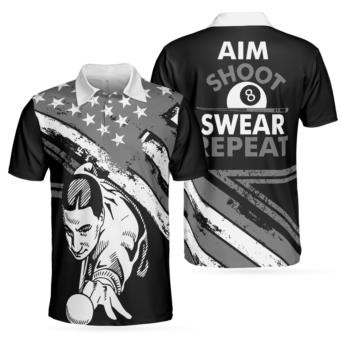 Aim Shoot Swear Repeat Billiards Polo Shirt, Best American Flag Pattern Billiards Shirt Design For Male - Hyperfavor