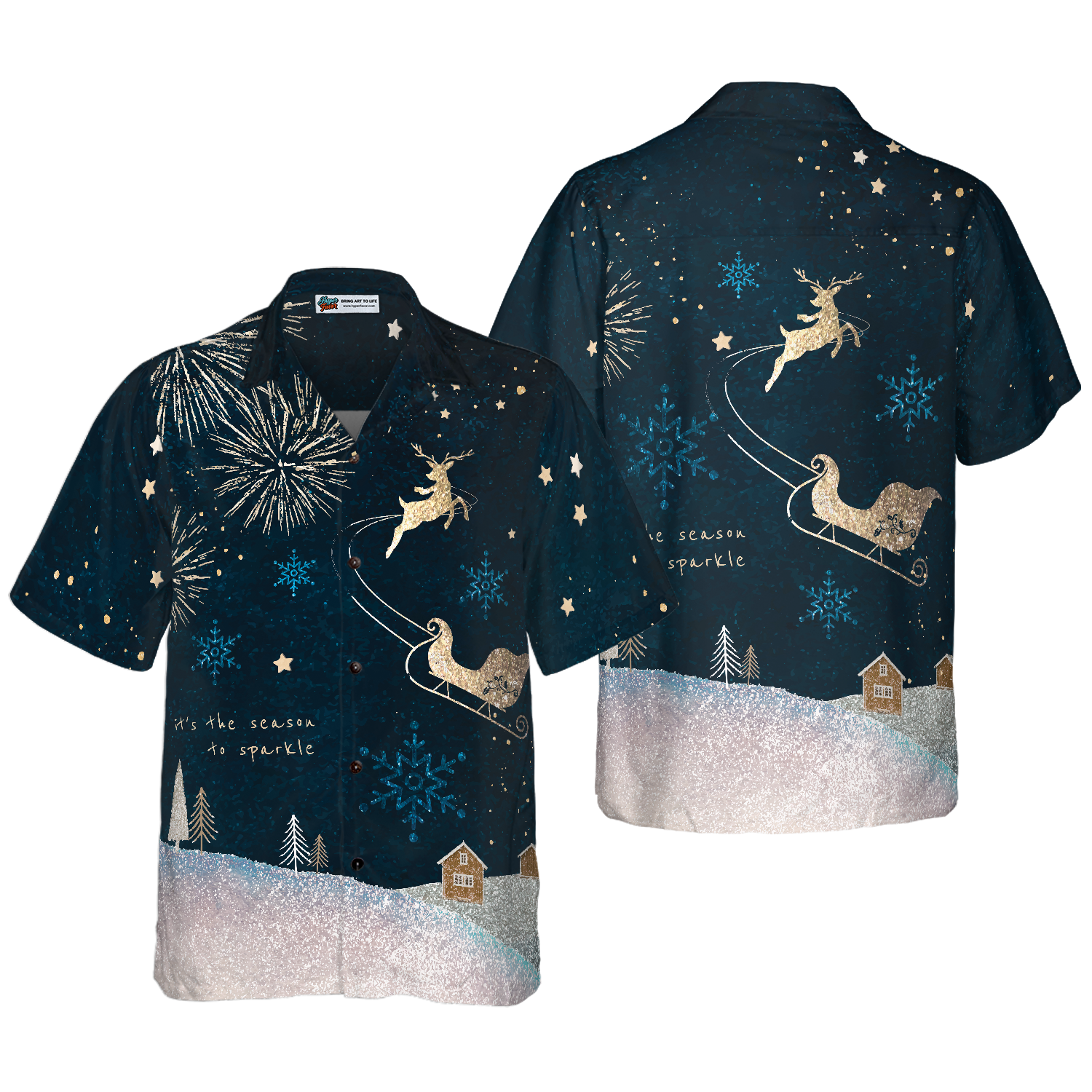 Hyperfavor Christmas Hawaiian Shirts, Reindeer Snow Dark Shirt Short Sleeve, Christmas Shirt Idea Gift For Men and Women - Hyperfavor