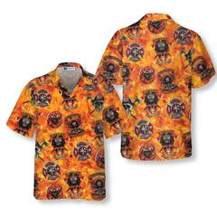 First In Last Out Firefighter Hawaiian Shirt, Viking Style Flame Skull Shield Firefighter Shirt For Men - Hyperfavor