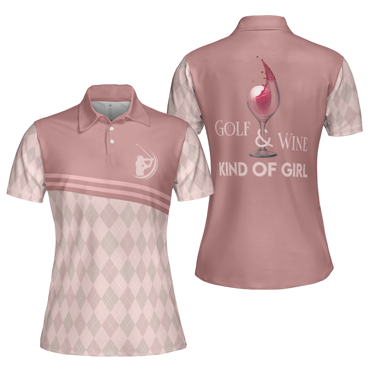 Golf & Wine Kind Of Girl Short Sleeves Polo Shirt, Pink Argyle Pattern Golf Shirt, Wine Golf Shirt For Ladies - Hyperfavor