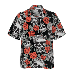 Skull With Crown And Red Rose Hawaiian Shirt - Hyperfavor