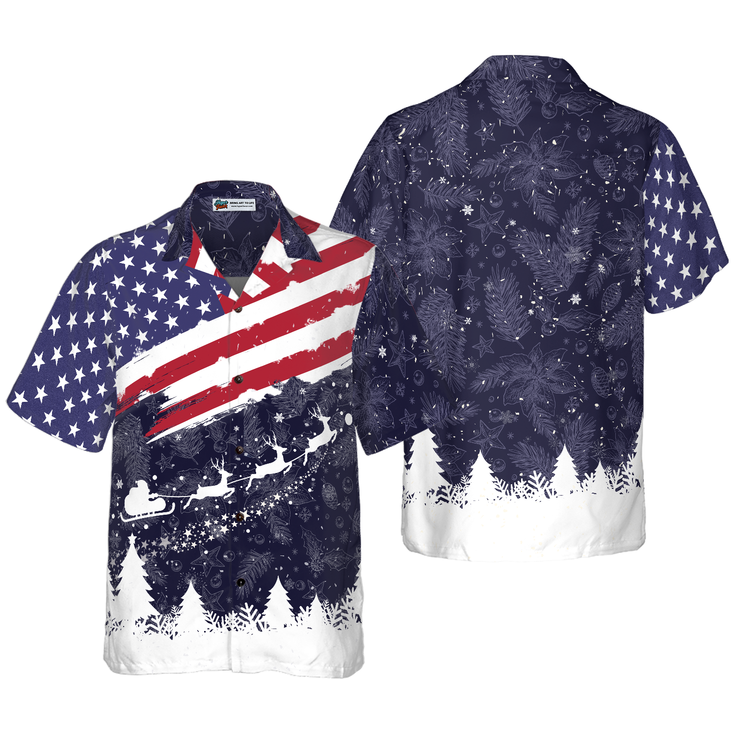 Hyperfavor Christmas Hawaiian Shirts, Merry Christmas USA Flag Pattern Shirt Short Sleeve, Christmas Shirt Idea Gift For Men And Women - Hyperfavor