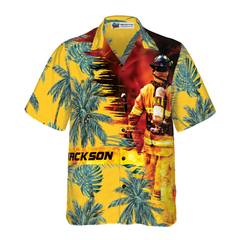 Firefighter Yellow Tropical Custom Hawaiian Shirt, Personalized Tropical Palm Tree Firefighter Shirt For Men - Hyperfavor