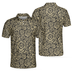 Seamless Beige Grunge Rose Pattern Polo Shirt, Cool Roses Graphic Polo Shirt, Rose Themed Shirt For Flower Lovers - Hyperfavor