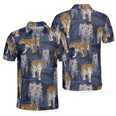 Tiger & Tropical Leaves Tiger Polo Shirt For Men, Tropical Tiger Shirt Short Sleeve, Gift For Tiger Lover - Hyperfavor
